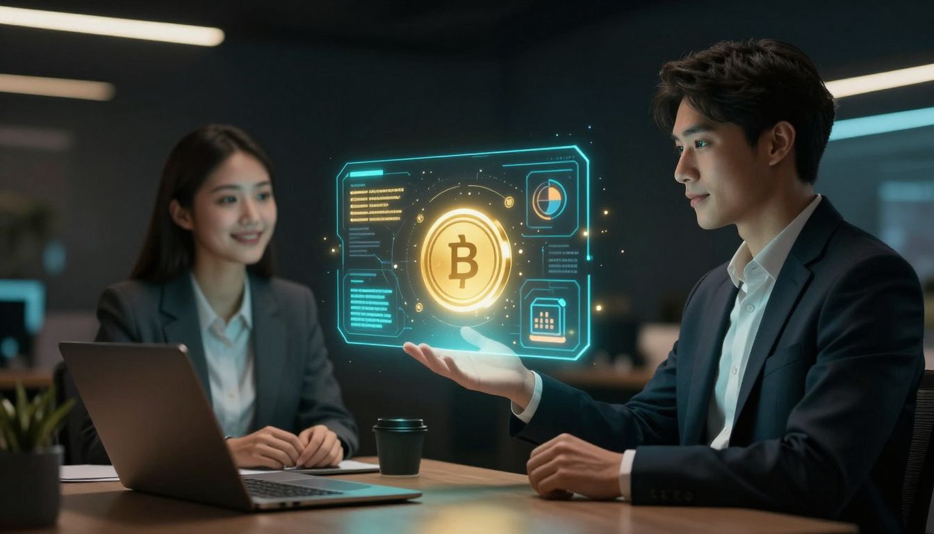 AI agents exchanging glowing tokens in a futuristic digital marketplace