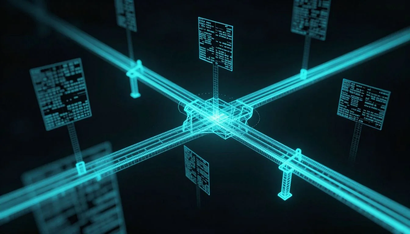Memory fragments floating in a dark void, some connected by glowing cyan bridges, others fading