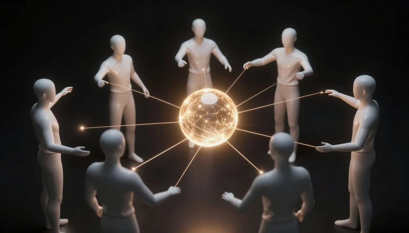 AI agents represented as glowing orbs reaching toward each other across a dark void