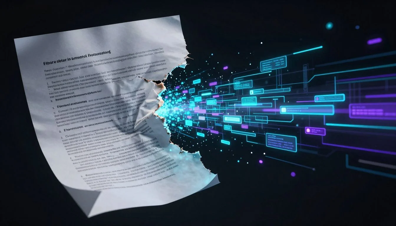 A protocol document tearing apart, one half dissolving into particles and the other transforming into glowing data channels