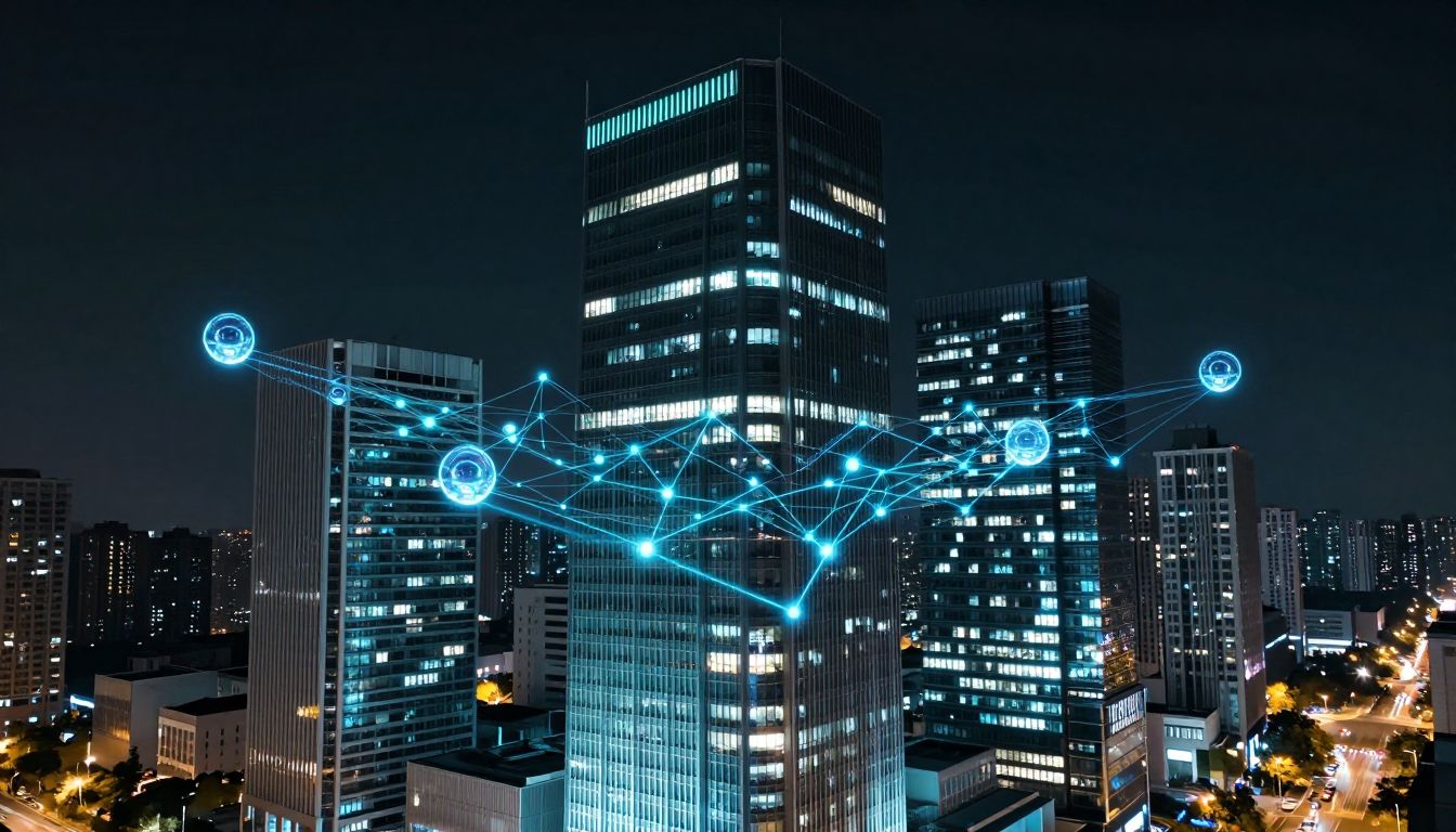 Futuristic cityscape with glowing agent nodes communicating between buildings