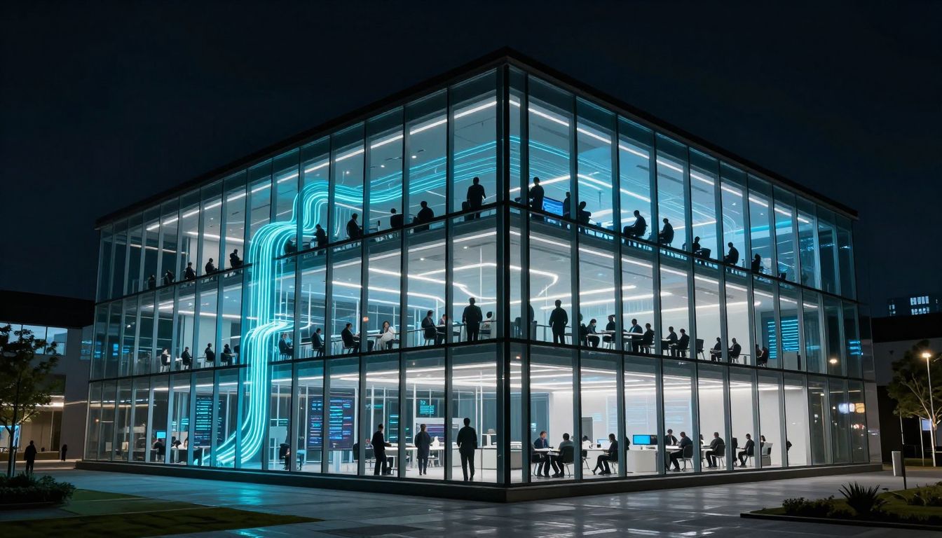Transparent glass building with glowing data flows representing observable agent architecture