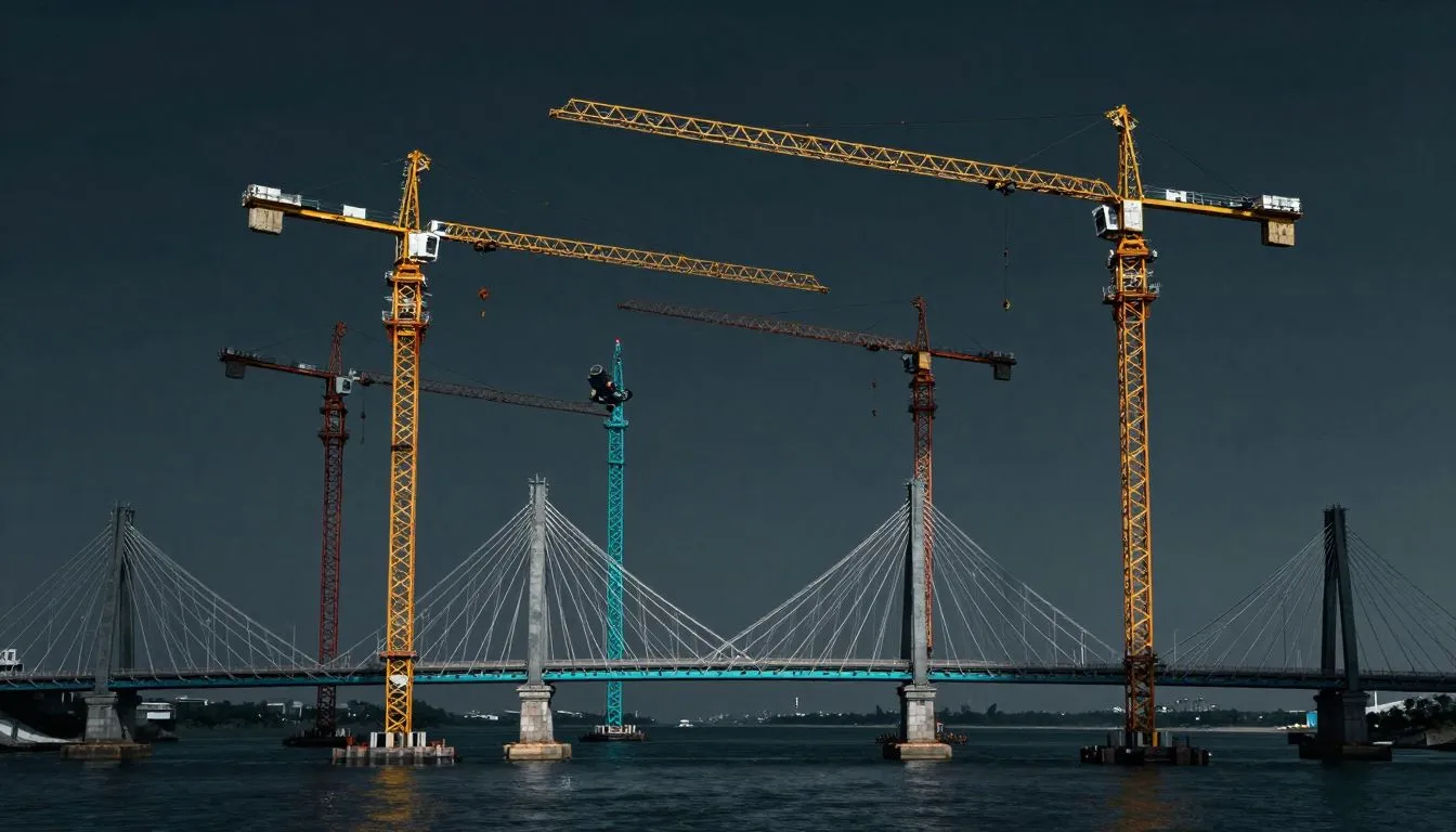 Multiple construction cranes building the same bridge structure simultaneously