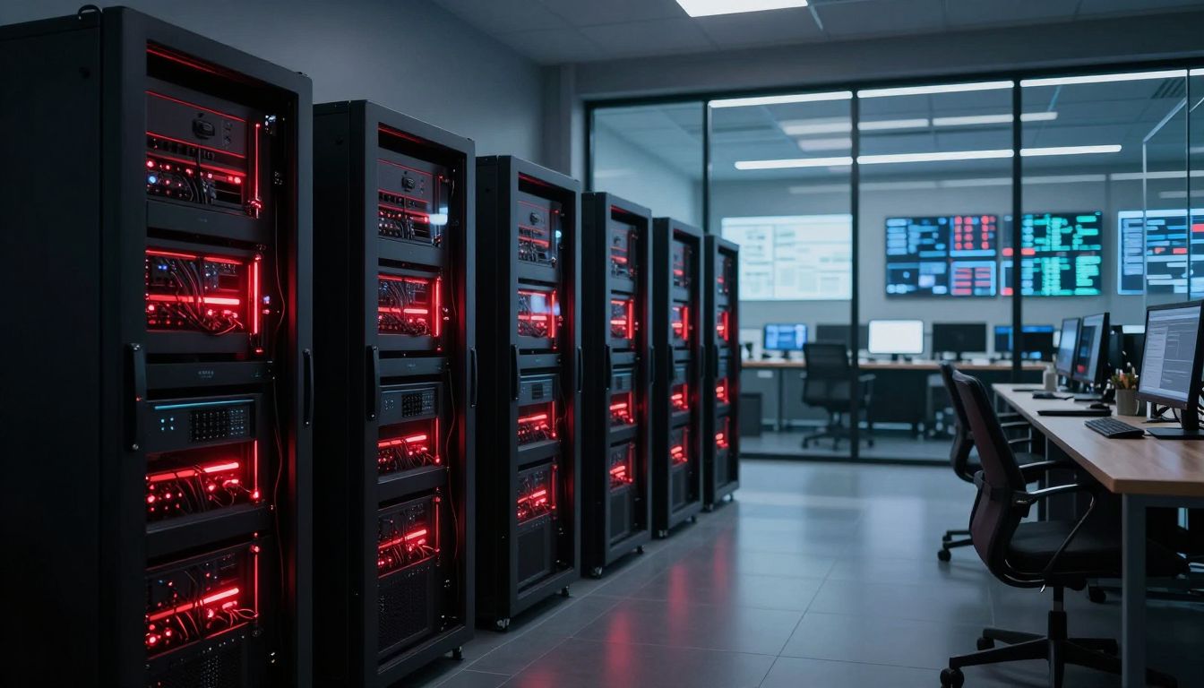Dark office hallway with shadow servers contrasted with a governed control room